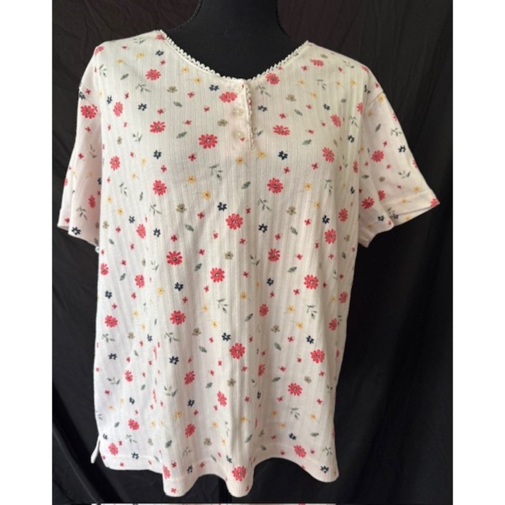 Basic Editions Womens Floral Pointelle Knit Top Ivory Short Sleeve Henley Large